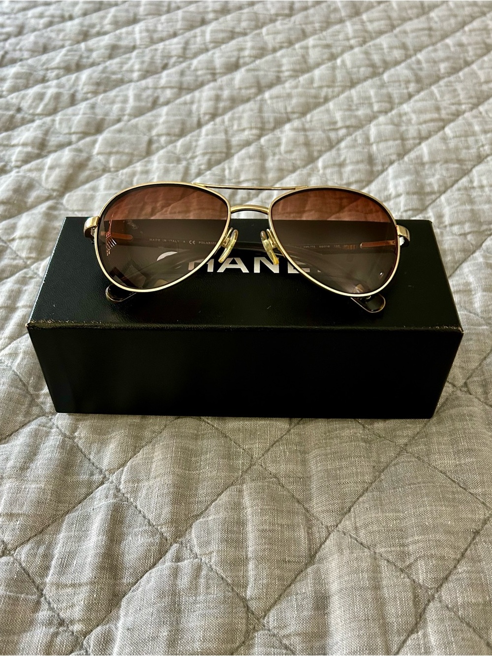 CHANEL Polarized Aviator Sunglasses 4201 Gold Brown Full Set Italy